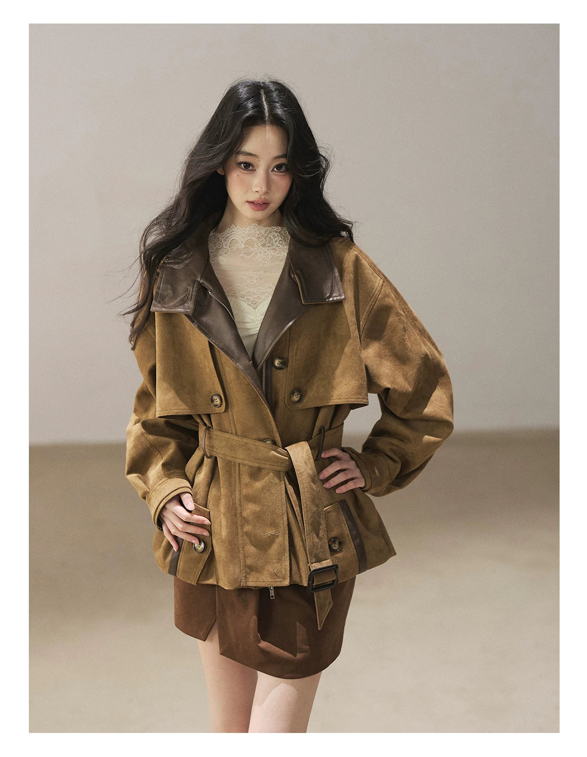 AOMALM - Chestnut Brown Faux-Suede Cropped Utility Coat with Belt