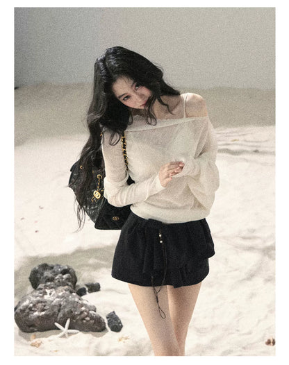 "Misty Veil Whisper" Holland Cheese Off-Shoulder Sheer Sun Protection Top 5345634