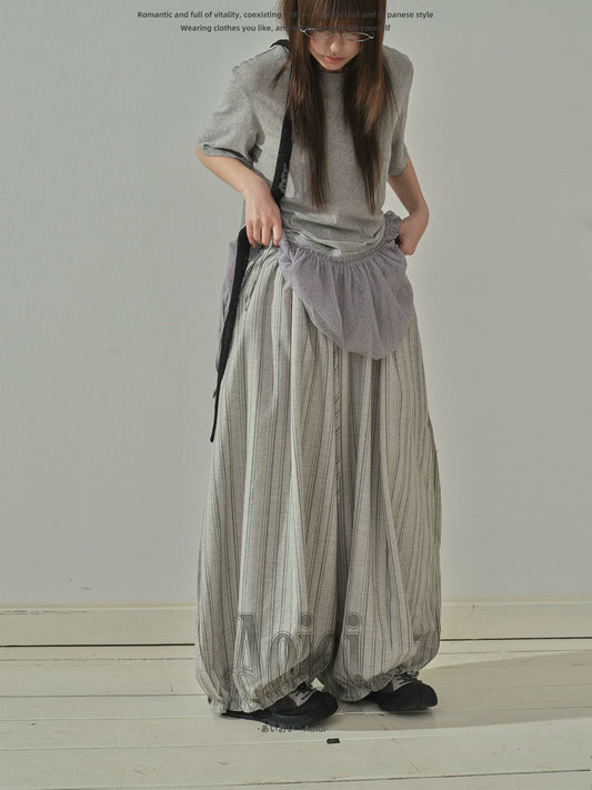 "Vintage Drift" Gray Striped Balloon Wide Leg Trousers