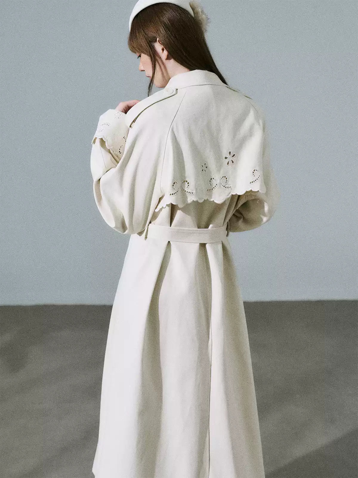 LOST FOREST - Almond Milk White Cutout Embroidered Trench Coat