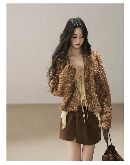 AOMALM - "The Gap of Light" Cheese Yellow Korean Ruffle Lace-Trim Knit Cardigan