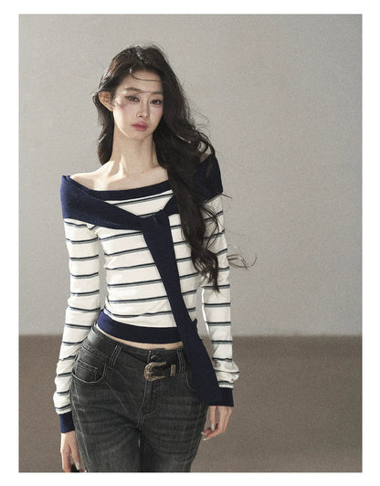 AOMALM - Ivory Stripe Faux-Layered Knit Top with Shoulder Ties