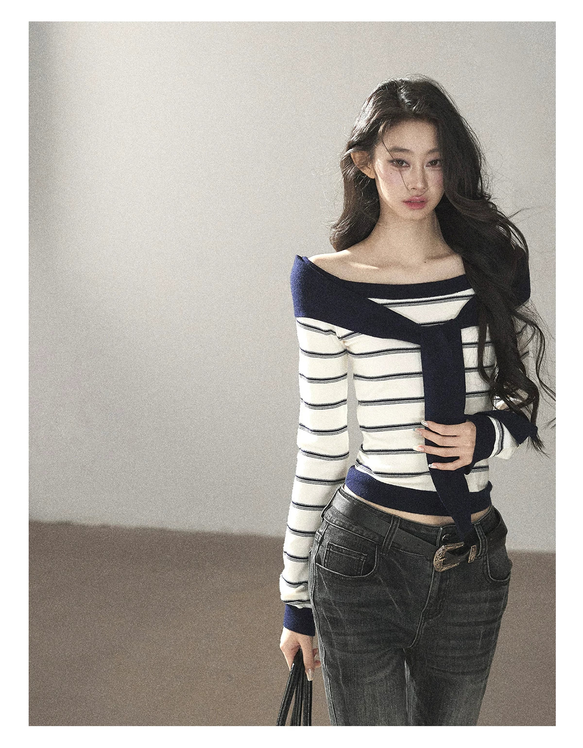 AOMALM - Ivory Stripe Faux-Layered Knit Top with Shoulder Ties