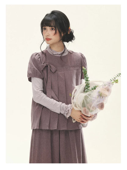 "Whispers Between Pleats" Gray Grape Purple Pleated Top & Maxi Skirt Set