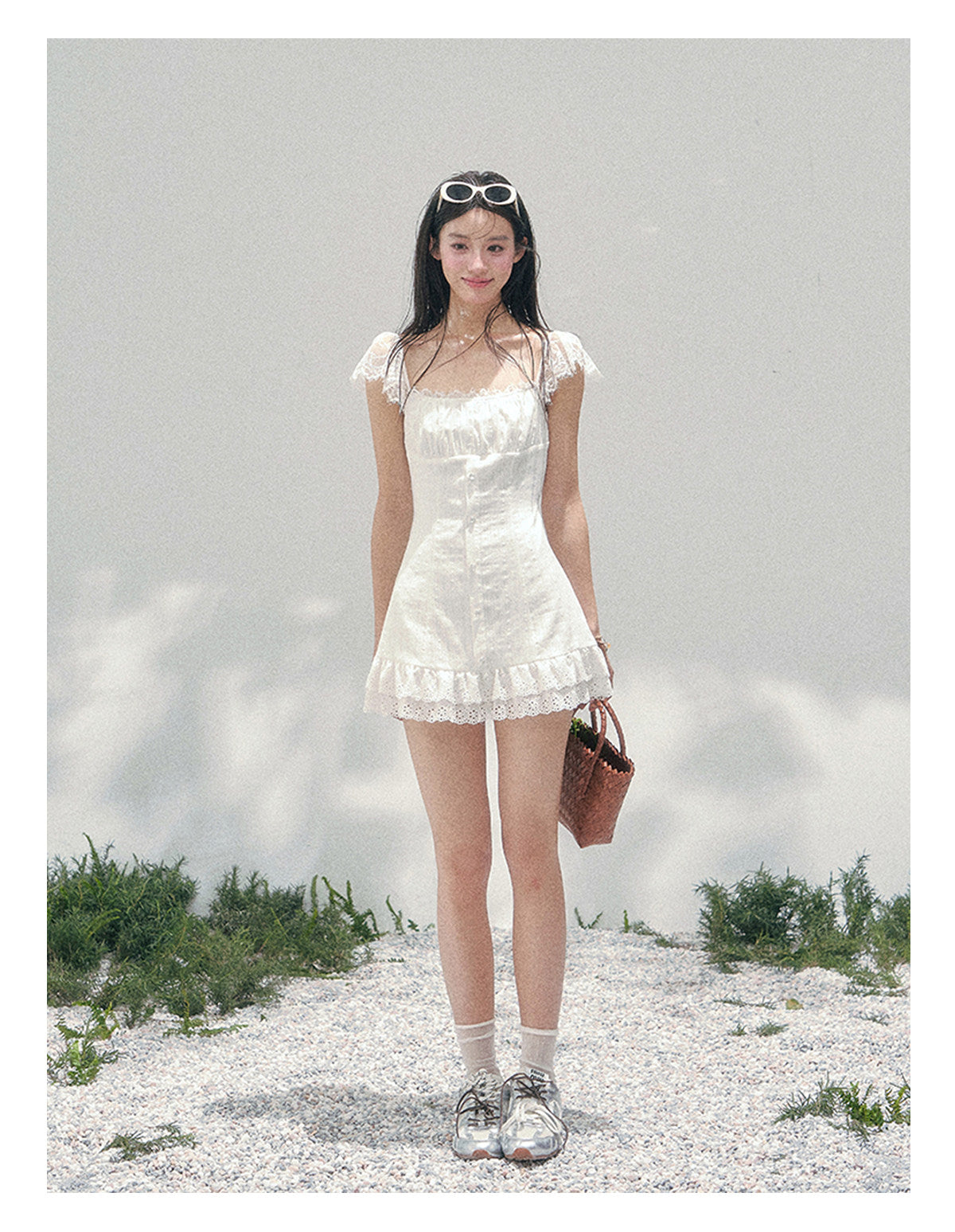“Summer Tide Reverie” Lace Trim Puff Mini Dress