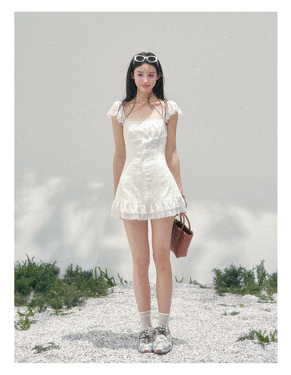 “Summer Tide Reverie” Lace Trim Puff Mini Dress