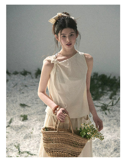 “Ivory Pleated Verse” Soft White Asymmetrical Twist Top & Skirt