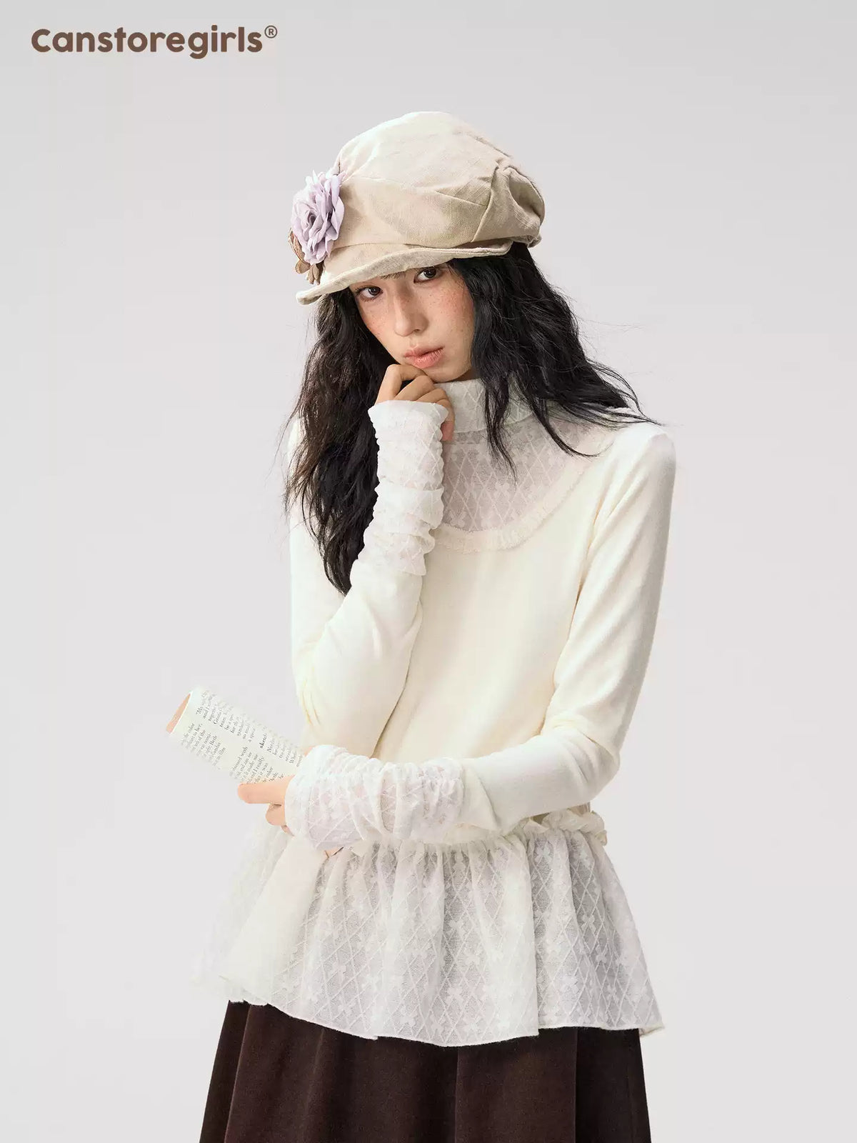 [CAN] “Cream Cloud” Ivory Lace Ruffle High-Neck Top