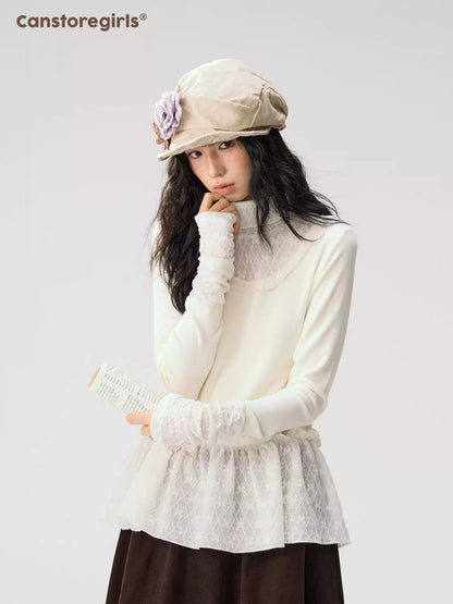 [CAN] “Cream Cloud” Ivory Lace Ruffle High-Neck Top