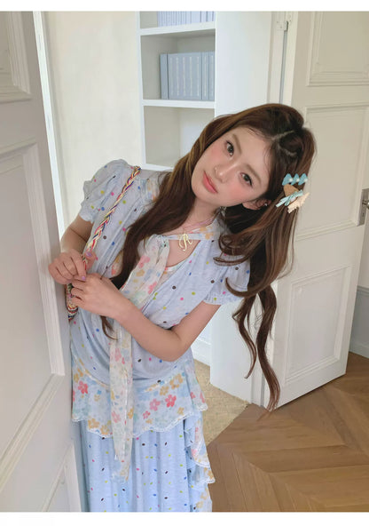 “Sea Salt Blossom Letter” Baby Blue Layered Skirt Set