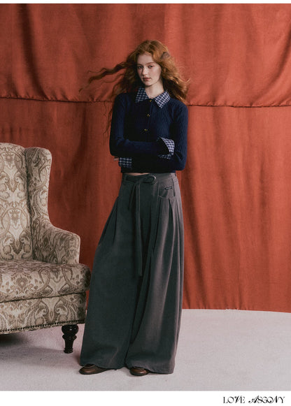 ASGONY - Pleated Wide-Leg Trousers with Detachable Tie (Gray / Brown)