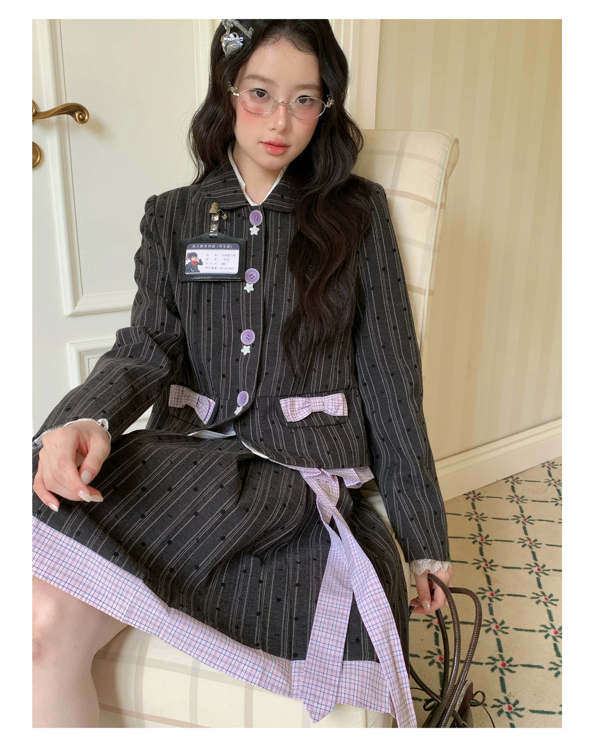 [[RF] “Ink Plaid Prelude” Gray-Purple Plaid Striped Pleated Skirt Two-Piece Set