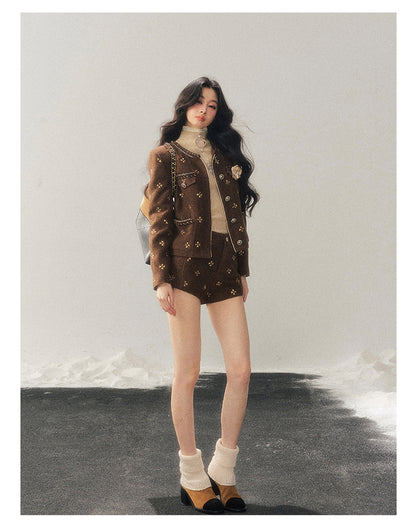 少也眼 "Deep Winter Wutong" Quilted Wool Tweed Two-Piece Set
