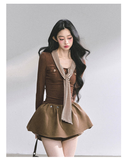 少也眼 "High-Mind Lady" American-Style Tee with Striped Neck Tie - Coffee 145846315