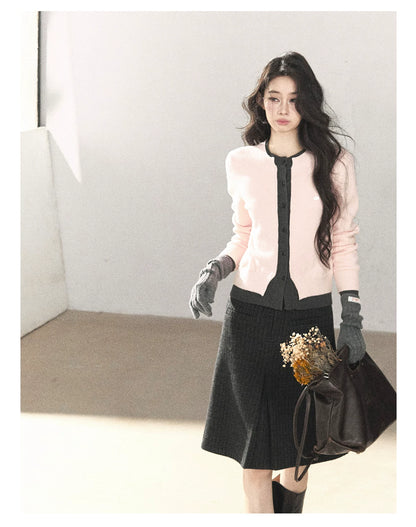 AOMALM - Cinnamon Pink Faux Layered Cropped Cardigan Sweater