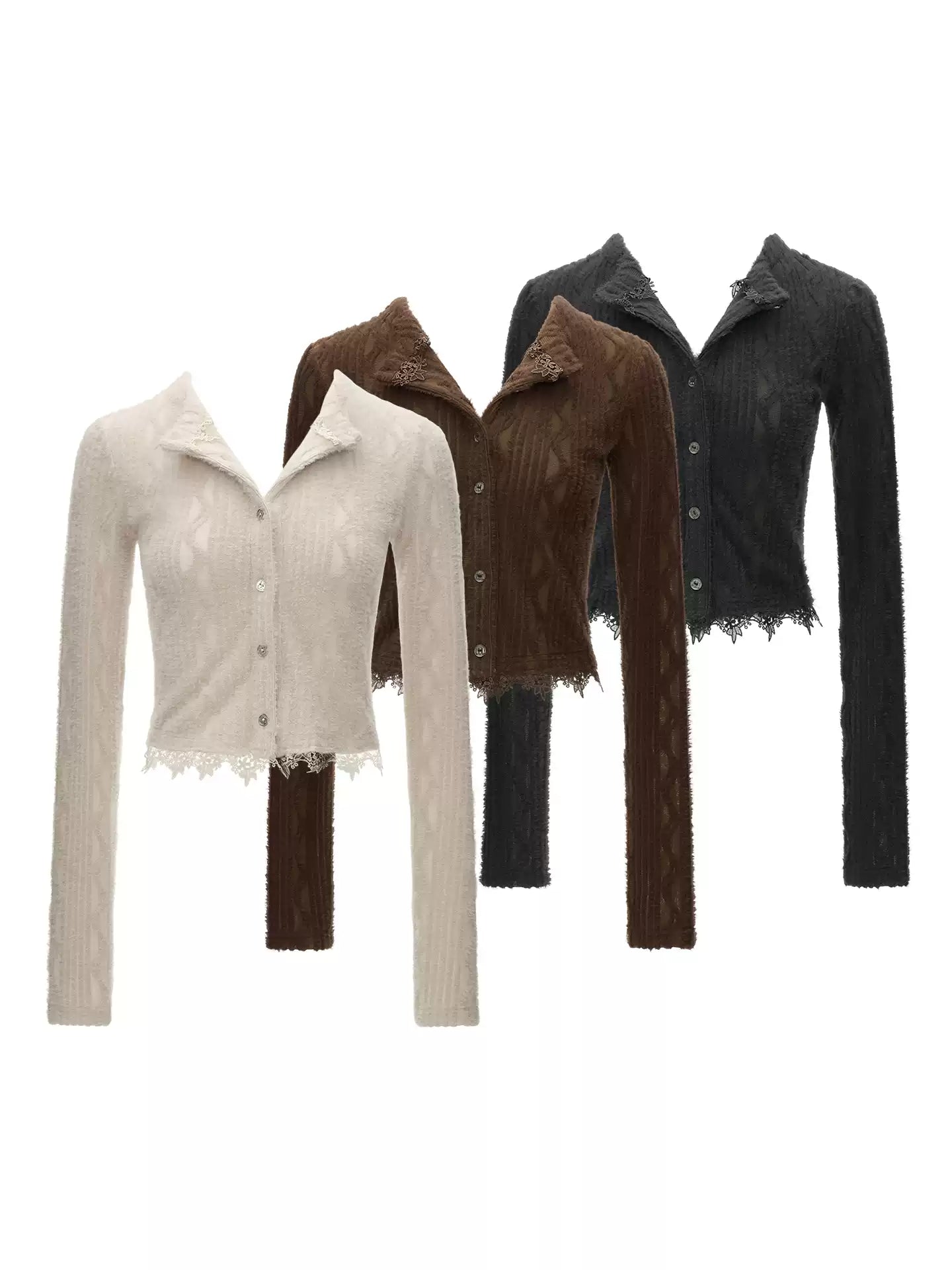 MAMC - Mocha Fuzzy Diamond-Texture Lace Knit Cardigan (Brown / Gray / Beige)