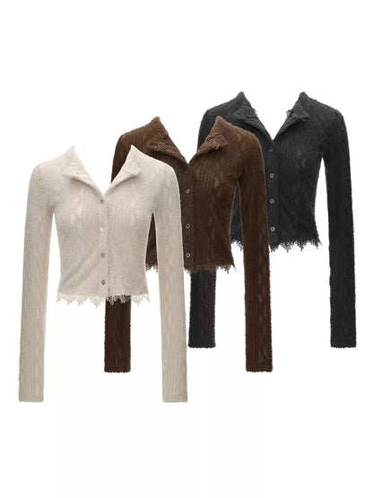 MAMC - Mocha Fuzzy Diamond-Texture Lace Knit Cardigan (Brown / Gray / Beige)