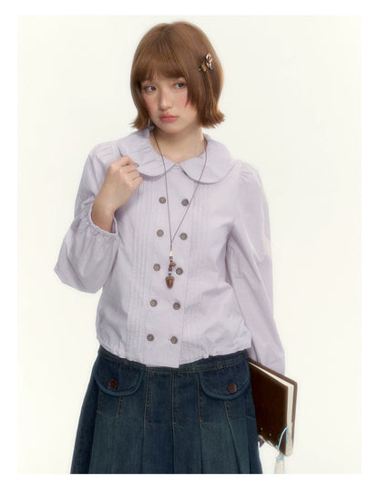 “Academy Melody” Navy Plaid & Dusty Purple Peter Pan Collar Cotton Shirt (Navy Plaid / Dusty Purple)