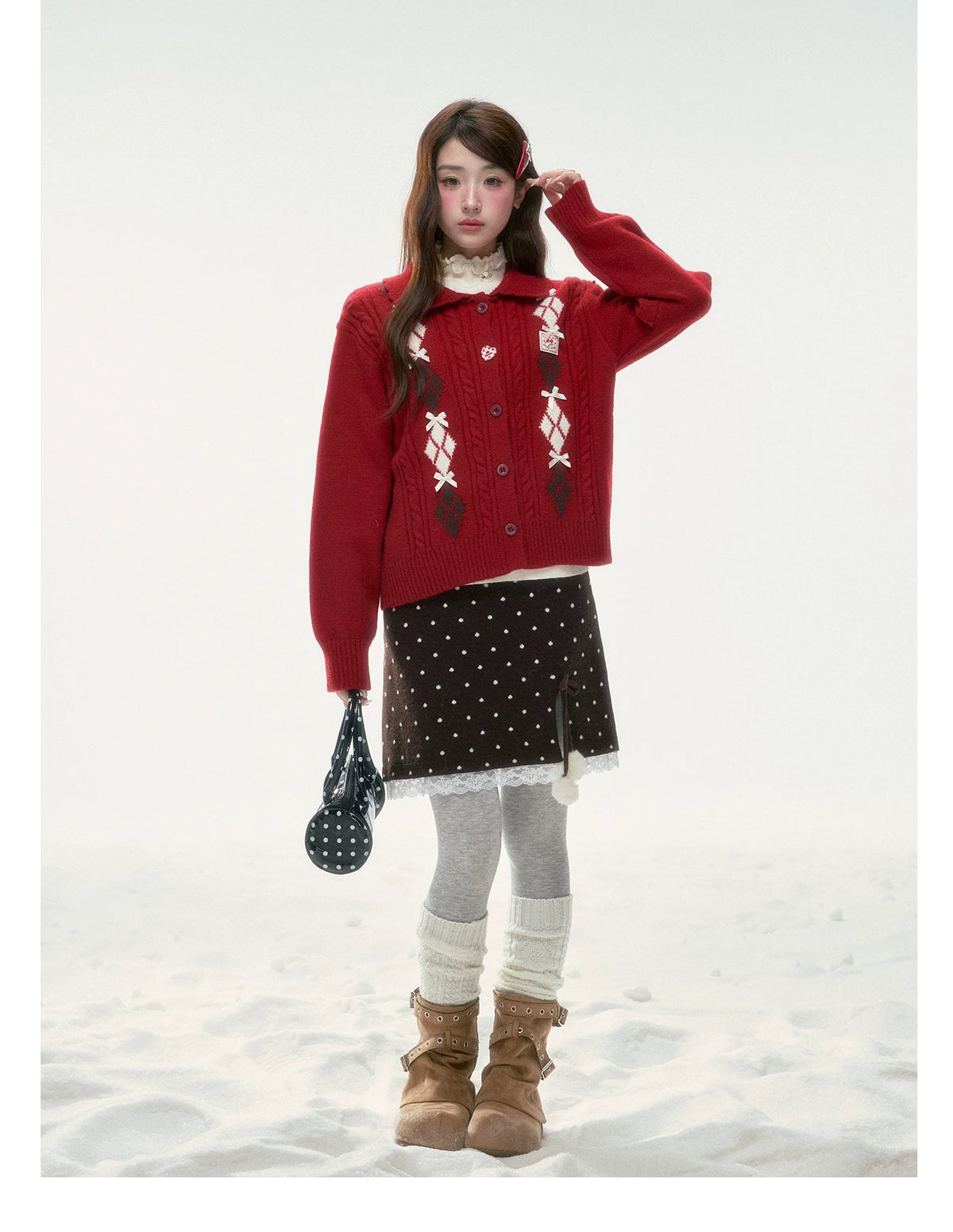 BIBIBENCY - Brown Polka Dot A-Line Knit Skirt with Bow Details