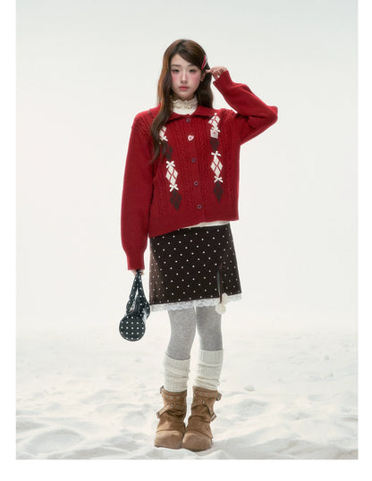 BIBIBENCY - Brown Polka Dot A-Line Knit Skirt with Bow Details