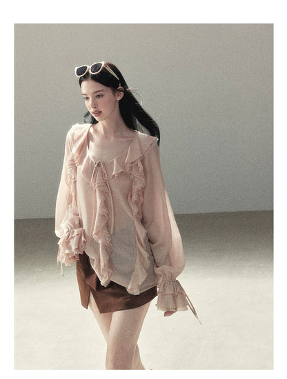 AOMALM - "A Featherlight Touch" French Camellia White Lace Chiffon Top with Belt (Camellia / Oatmeal / Cinnamon Pink)