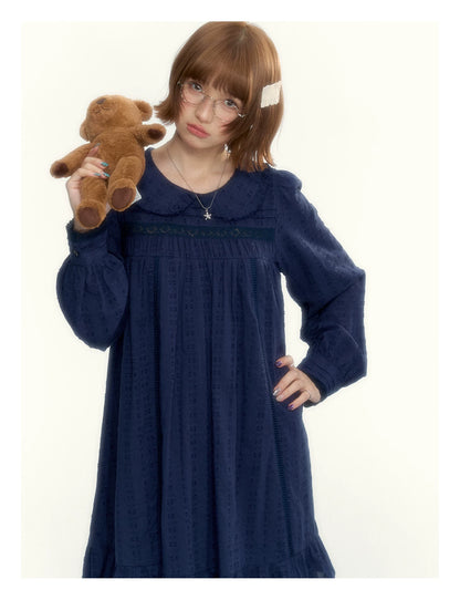“Vintage Ribbon” Navy Peter Pan Collar Lace-Trimmed A-Line Dress