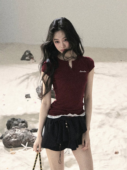 "Letter from the Tides" Burgundy Red Faux Two-Piece Lace Waist-Fit Crop Top 452436