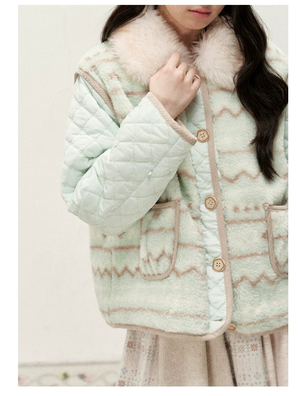 RF - Mint Green and Light Brown Fair Isle Quilted Faux Fur Vest Jacket