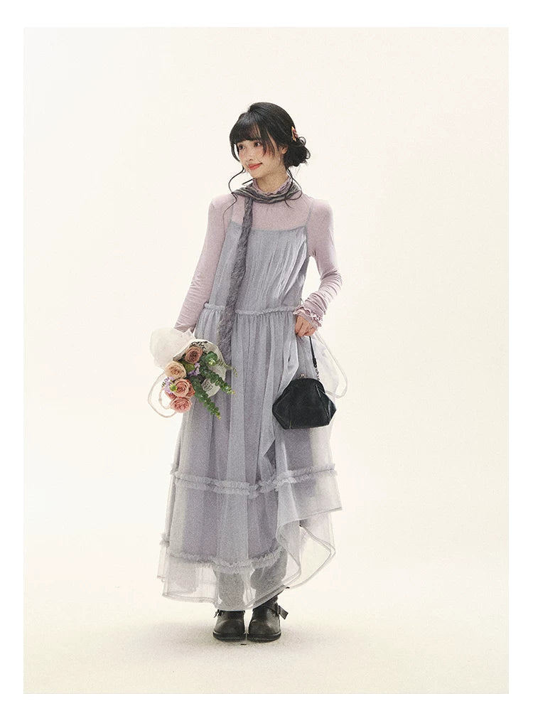 "Morning Veil" Morning Mist Purple Tiered Mesh Slip Midi Dress