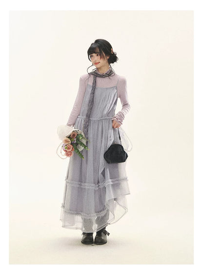 "Morning Veil" Morning Mist Purple Tiered Mesh Slip Midi Dress