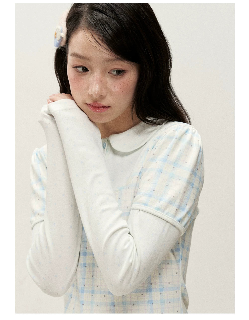 [RF] Star Blue Faux Two-Piece Lace-Trim Blouse with Peter Pan Collar