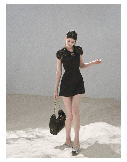 "Moonlit Rose Sonata" Tranquil Black Lace Mini Dress & Cape Set