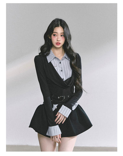 AOMALM - "Top of the Class" Navy & Black-Gray Striped Layered Long Sleeve Top (Navy / Black-Gray)