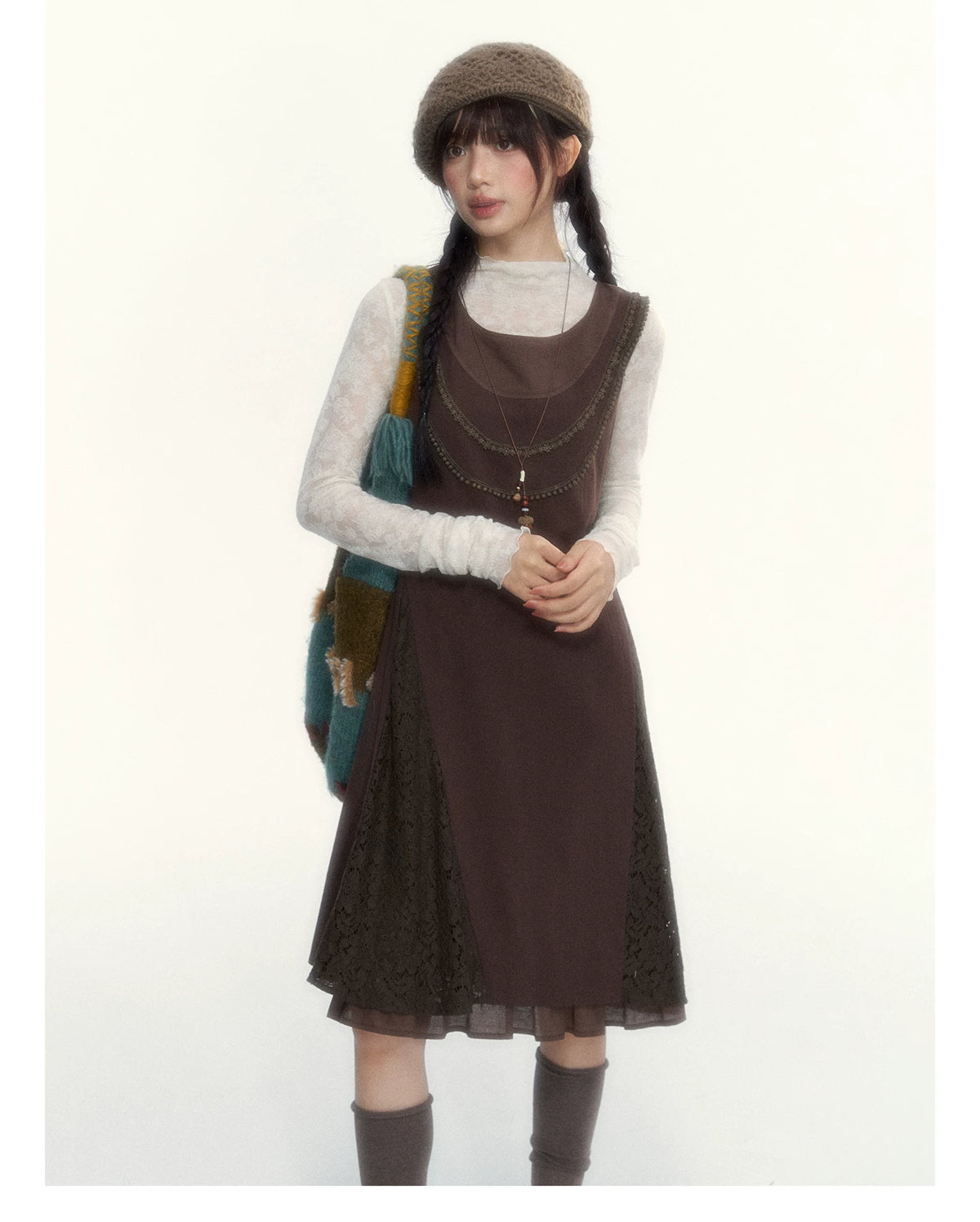 "Caramel Afterglow" Cocoa Brown Lace-Trim A-Line Dress Set with Purple Plaid Layering Top