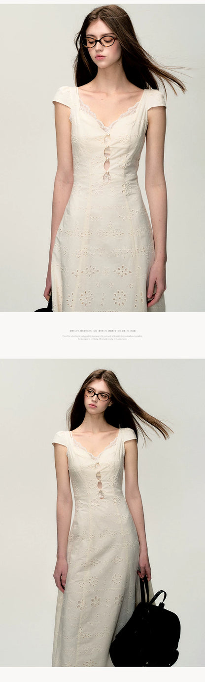 OAKMOO/ "A Flutter of Time" Cream White Fitted Lace-Trimmed Textured Dress