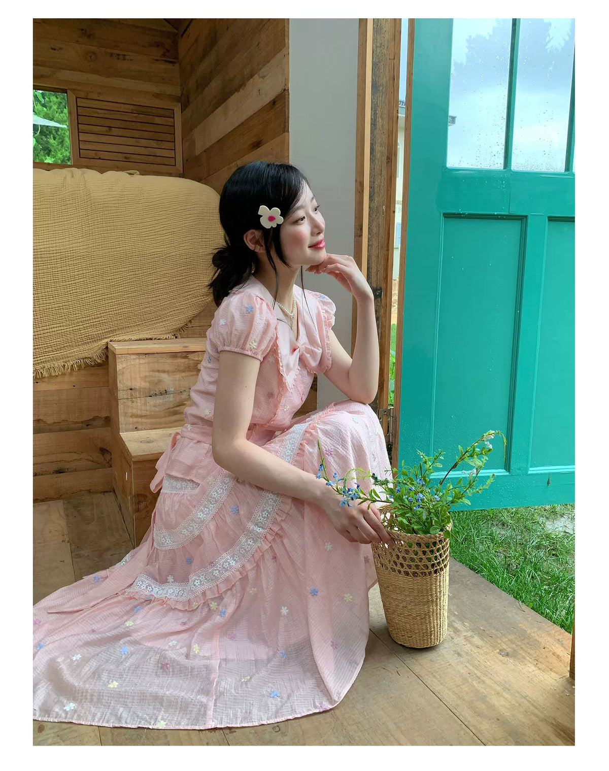 [RF] “Whispered Dream” Pink Bow Lace Tiered Skirt Two-Piece Set