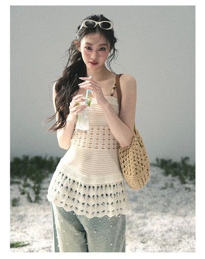 “Fractured Presence” Ivory Open-Knit Cami Top