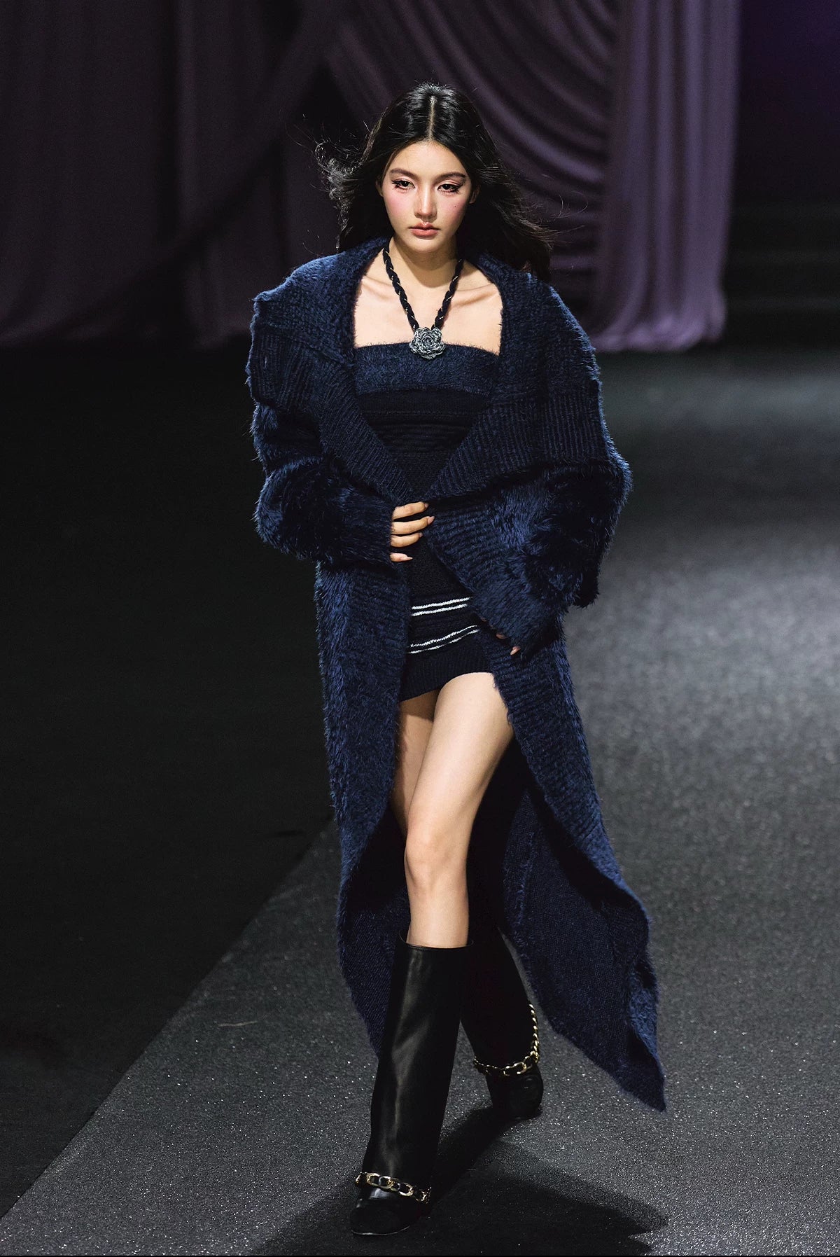 "Midnight Bloom" Navy Hand-Crochet Floral Contrast Knit Dress & Oversized Shawl Collar Knit Cardigan Set