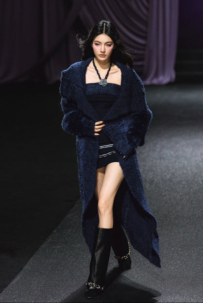 "Midnight Bloom" Navy Hand-Crochet Floral Contrast Knit Dress & Oversized Shawl Collar Knit Cardigan Set