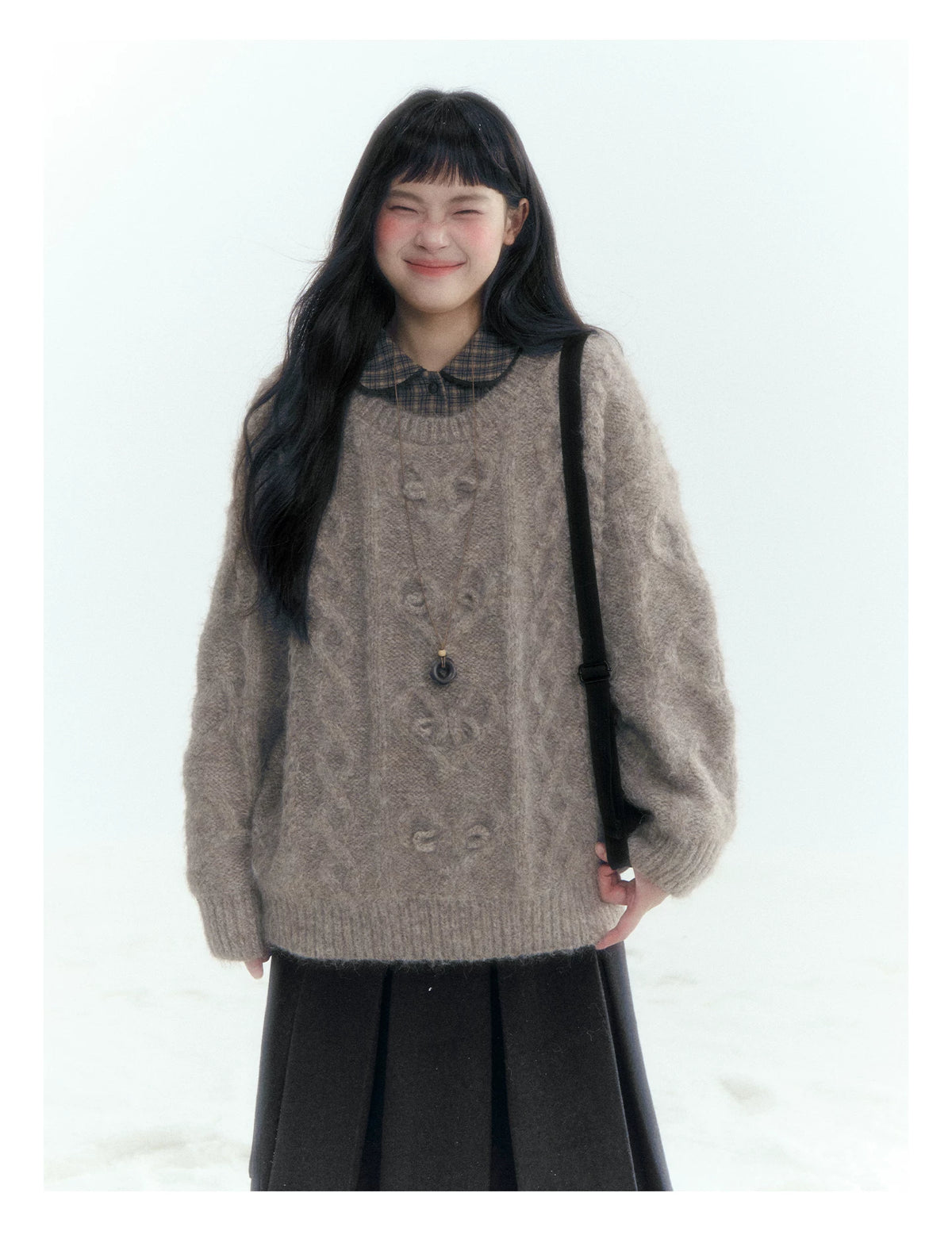 Horridale - Vintage Cable-Knit Heart-Texture Sweater – Smoky Gray