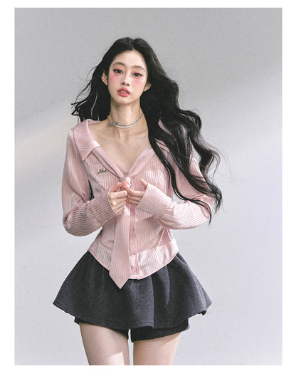 少也眼 “Pinkbud Academy” French Preppy Striped Polo Blouse