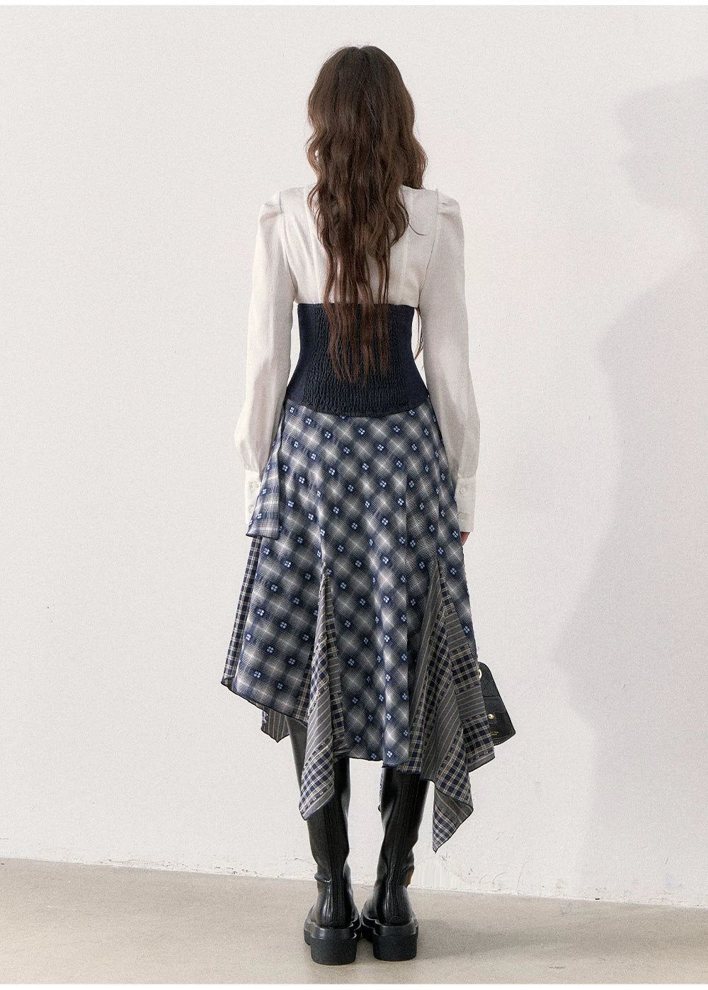 [TMMG] Retro Sweetheart Collar Shirt & Denim Corset Waist Belt Asymmetric Plaid Skirt Set
