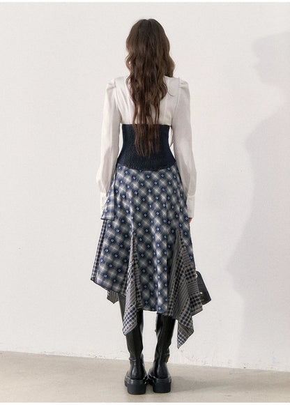[TMMG] Retro Sweetheart Collar Shirt & Denim Corset Waist Belt Asymmetric Plaid Skirt Set