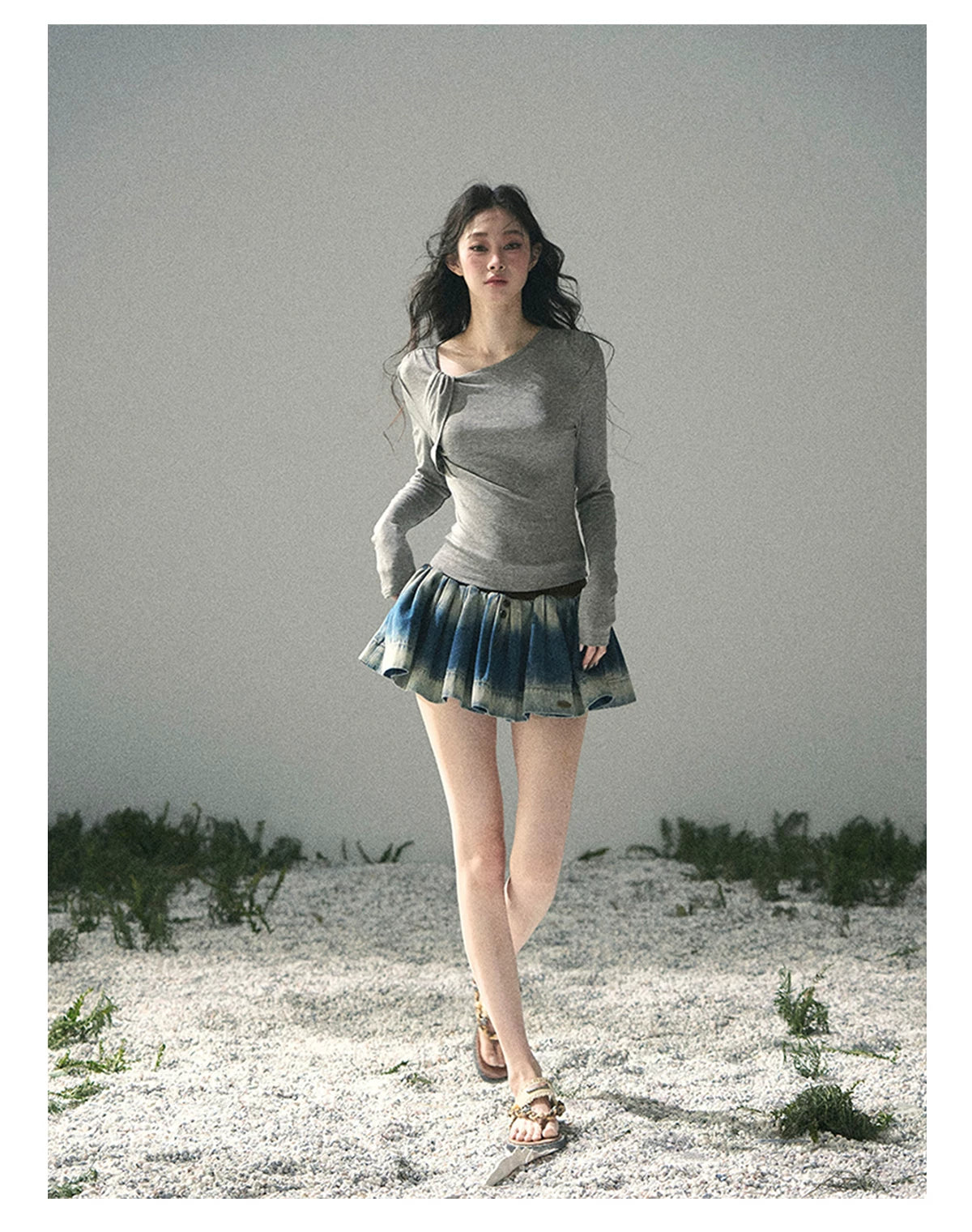 “Skin Mood” Cloud Mist Gray Ruched Asymmetrical Top