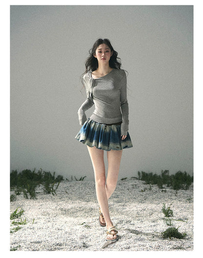 “Skin Mood” Cloud Mist Gray Ruched Asymmetrical Top