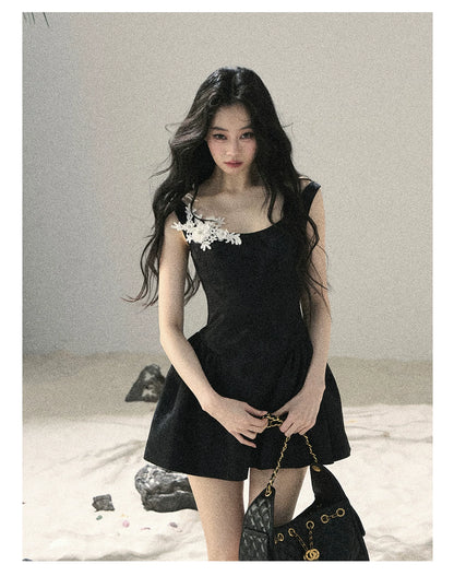"Wisteria Climbing the Vines" Black Iris Floral Lace Puff Mini Dress 7645