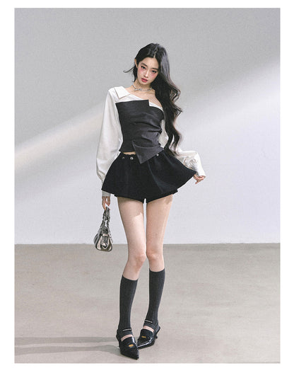 少也眼 "Gossip Senior Muse" Faux-Layered French Asymmetric Shoulder Blouse 56485652