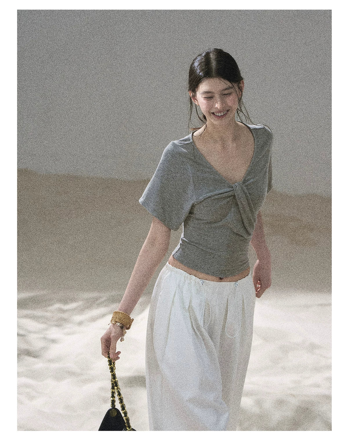 "Moonlight on Water" Twist-Front Cropped T-Shirt (Silver Mink Gray/ Mist Blue)