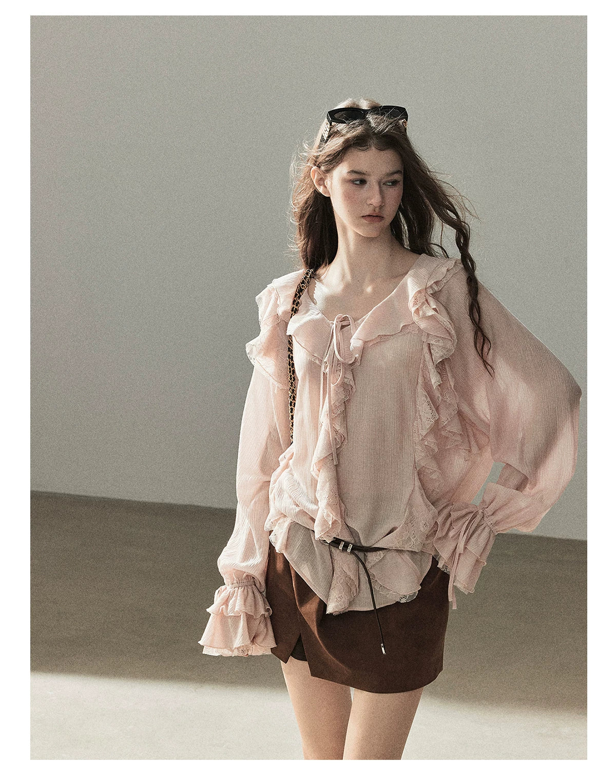 AOMALM - "A Featherlight Touch" French Camellia White Lace Chiffon Top with Belt (Camellia / Oatmeal / Cinnamon Pink)