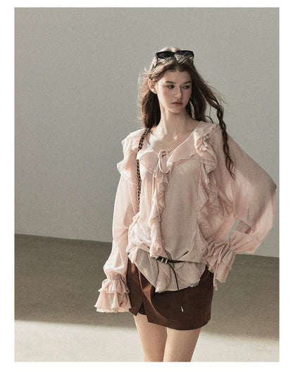 AOMALM - "A Featherlight Touch" French Camellia White Lace Chiffon Top with Belt (Camellia / Oatmeal / Cinnamon Pink)